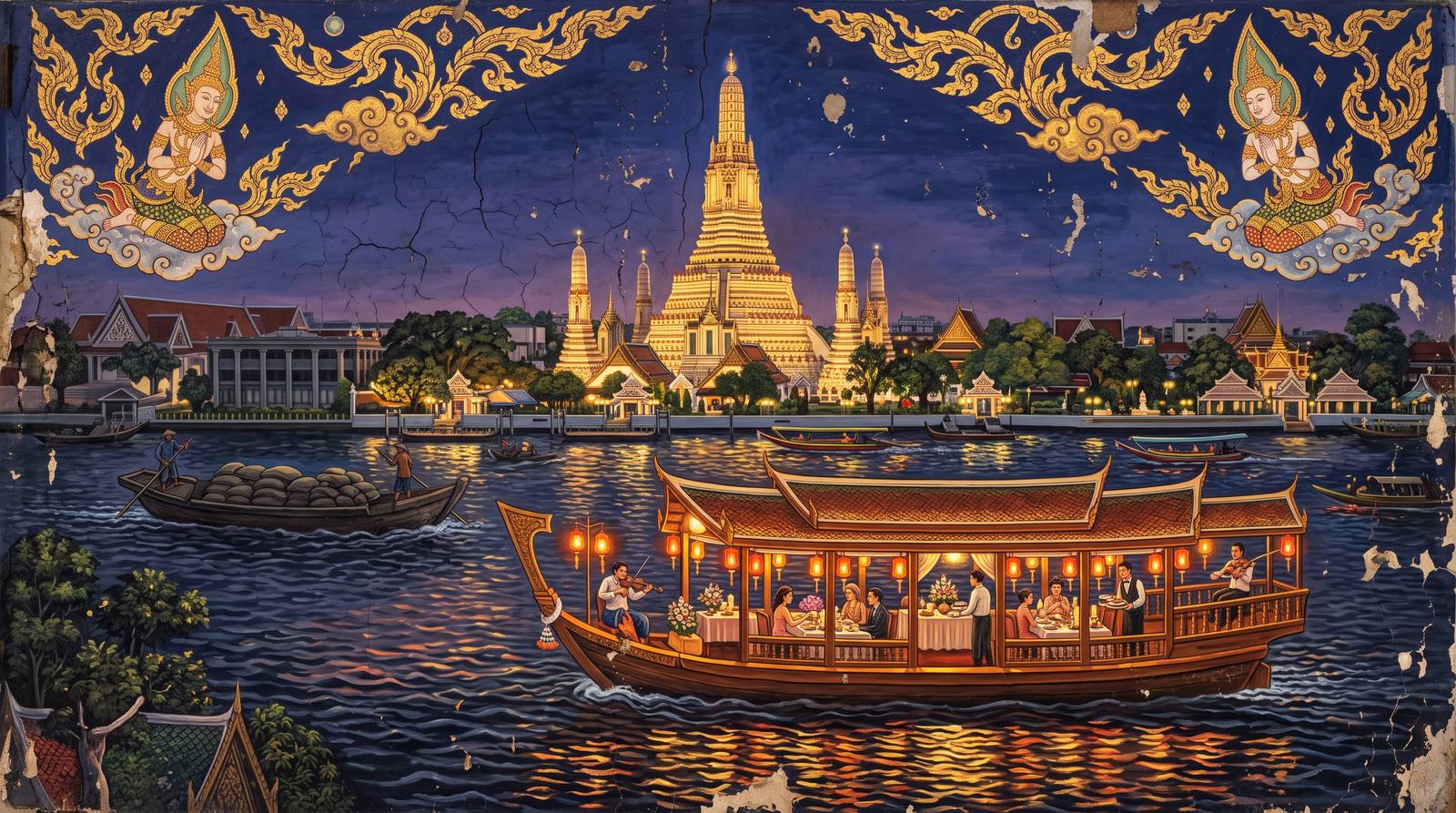 A Thai temple-mural of the Chao Phraya at night: a lantern-lit dinner barge with diners and a violinist glides before the floodlit spire of Wat Arun, while a dark working rice barge, heaped with sacks, is poled past the other way.