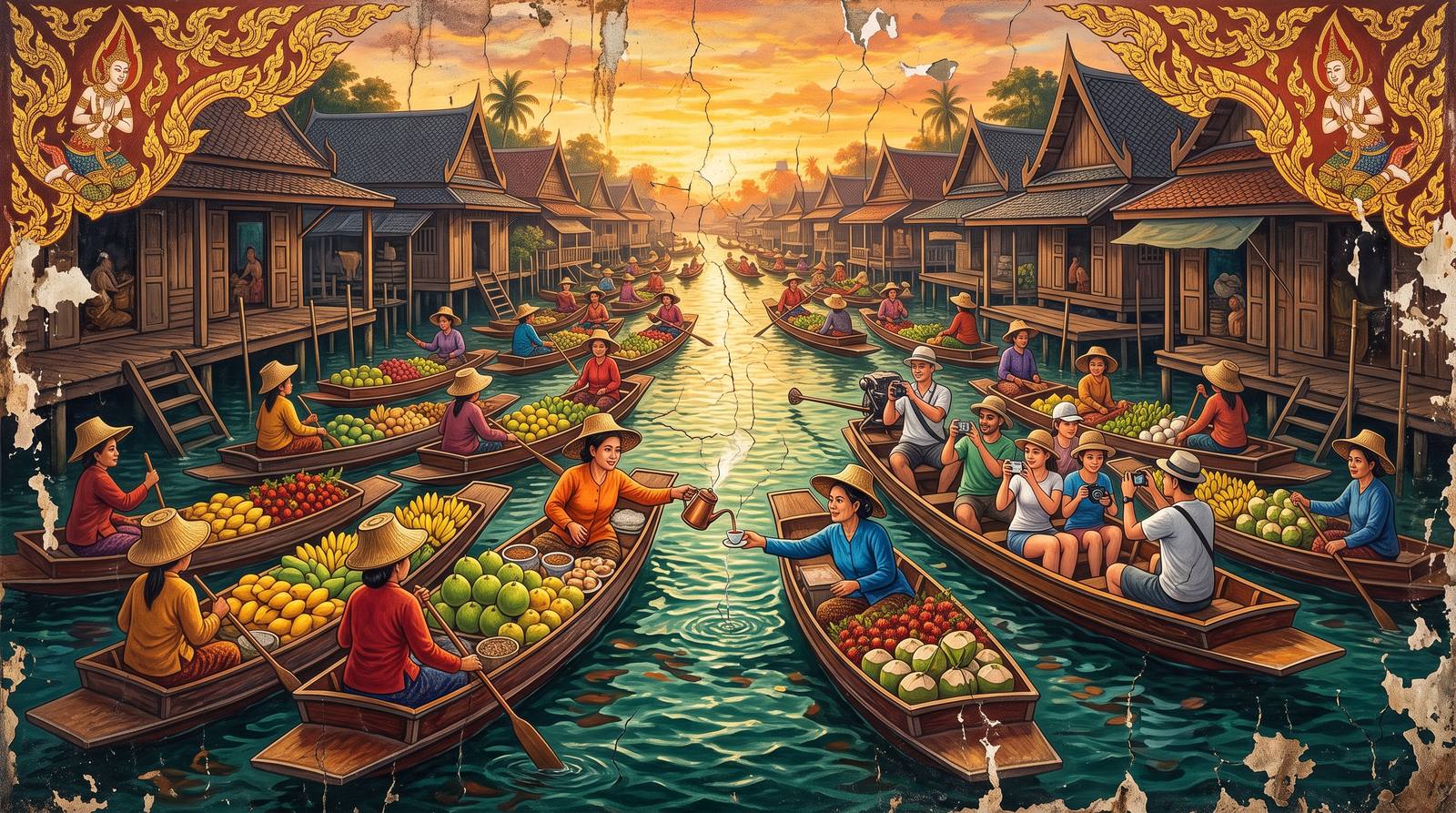A Thai temple-mural of a floating market at dawn: women in wide woven hats paddle boats heaped with fruit along a canal lined with stilt houses, one vendor pouring coffee across the water to another, while a boat of tourists raises cameras.