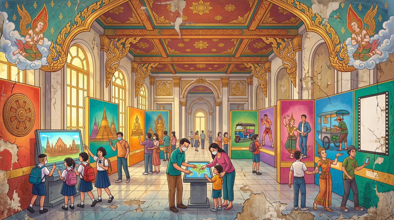 A Thai temple-mural of a bright modern museum gallery inside a grand old hall: families and school groups among radiant exhibition panels showing scenes from Thai history, beneath a gilded ceiling with thepanom angels in the corners.