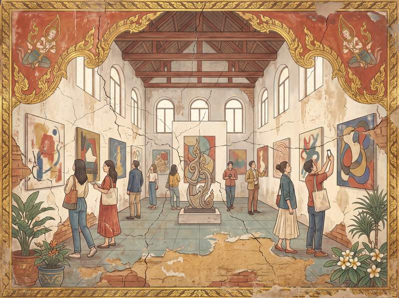 A Thai temple-mural rendering of a modern Bangkok gallery: contemporary visitors on cracked lime-plaster, framed by gilded kanok scrollwork and thepanom angels in the corners.