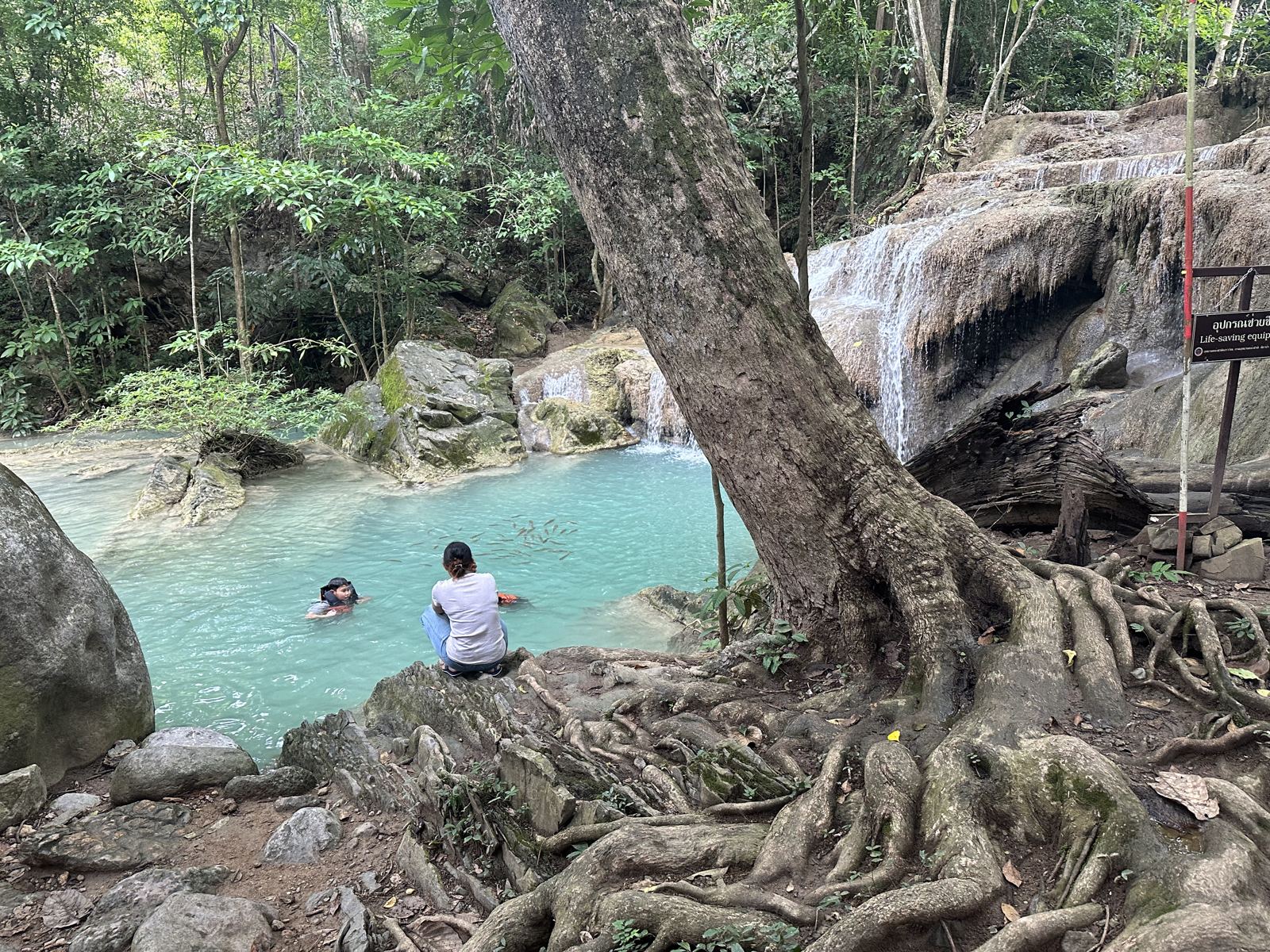 An emerald pool beneath a limestone cascade at Erawan Falls