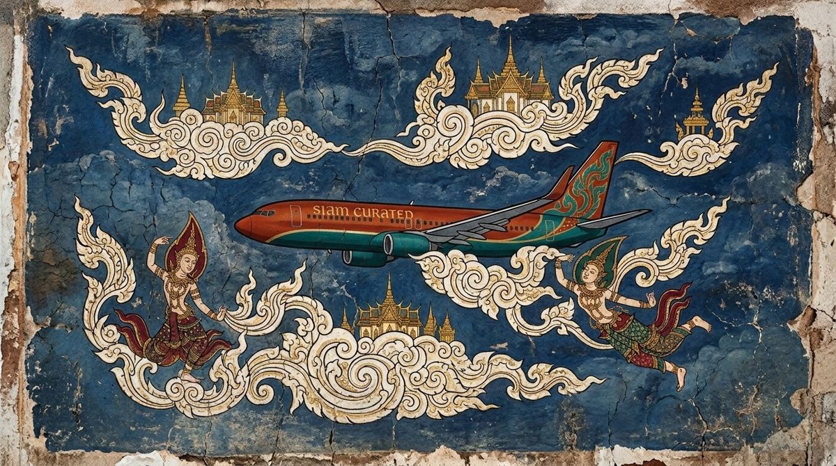 A temple-mural painting of a Siam Curated jetliner carried through the clouds by celestial figures