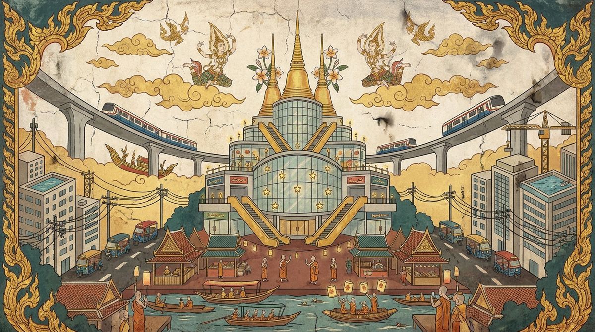A temple mural of a glass shopping mall crowned with golden stupa spires, ringed by skytrains in the clouds, with a temple-fair market and river boats at its foot