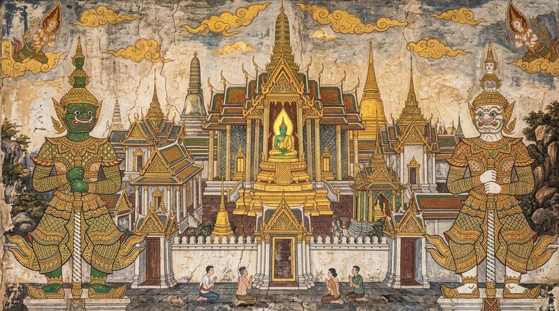A temple mural of Wat Phra Kaew and the Emerald Buddha flanked by two giant yaksha guardians