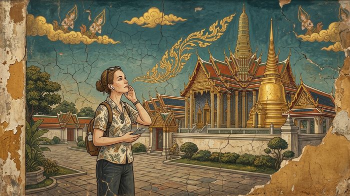Listening to an audio guide at the Grand Palace