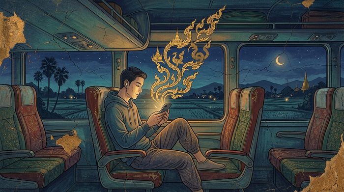 Watching a film on a night journey through Thailand